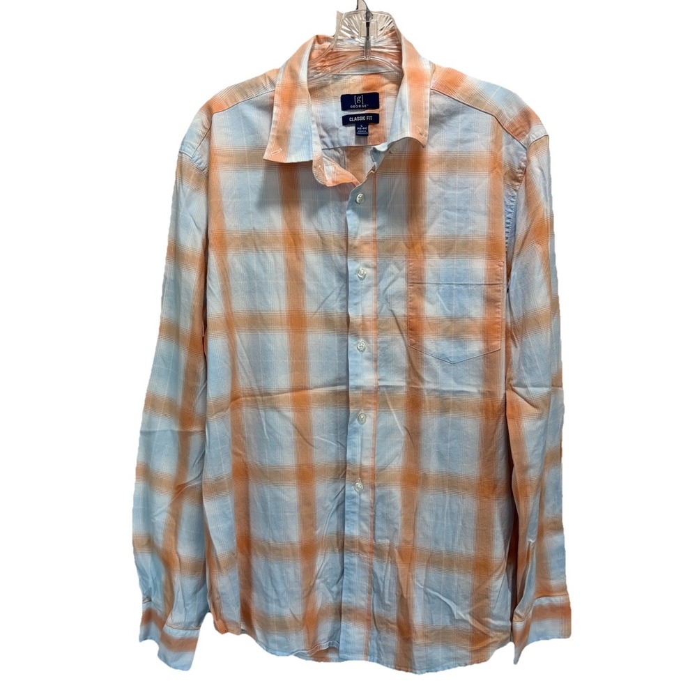 George Orange/Blue Plaid Long Sleeve Button Up Shirt Size L (42-44) Pocket